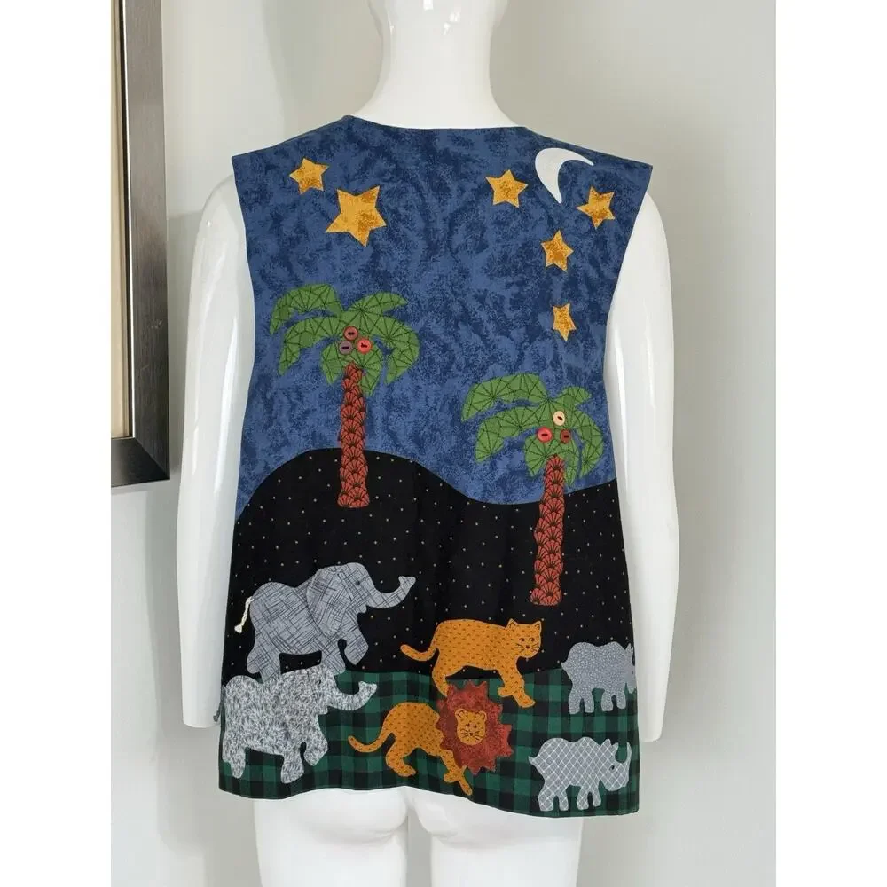 Vintage 90s Handmade Noah’s Ark Patchwork Reversible Vest Women’s Size L Boho - Picture 3 of 11